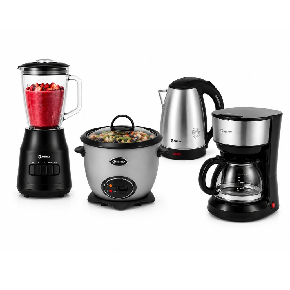 Combo Miray Olla Arrocera Gris 1.5L + Licuadora 1.5L 600W + Hervidor 1.8 Litros Plata + Cafetera 6 Tazas